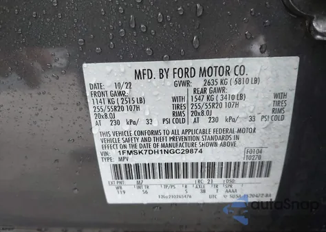 2022 Ford Explorer Xlt from USA, damaged, VIN 1FMSK7DH1NGC29874